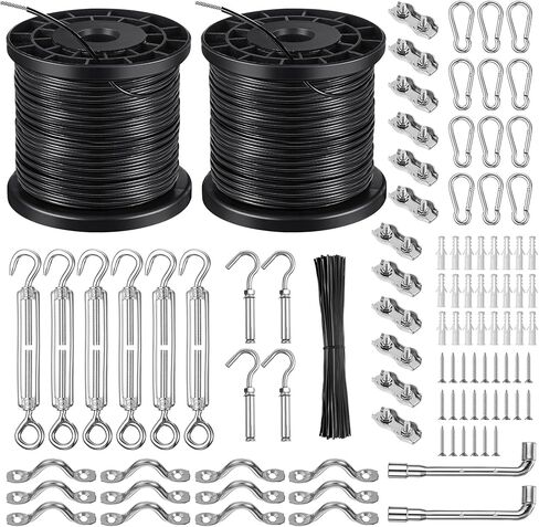 Dreyoo 2 Pack 328Ft String Light Hanging Kit Outdoor, Nylon Coated 304 Stainless Steel Wire Rope Cable, Turnbuckle and Hooks and Multiple Accessories for Patio Lighting, Guide Wire for Outdoor Lights in Saudi Arabia
