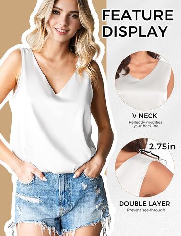 Womens Silk Satin Tank Tops V Neck Summer Tank Shirt, Ladies Sleeveless Blouses Camisole, Formal Basic Women Tops in Saudi Arabia