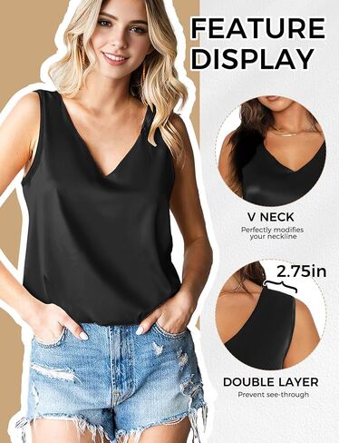 Womens Silk Satin Tank Tops V Neck Summer Tank Shirt, Ladies Sleeveless Blouses Camisole, Formal Basic Women Tops in Saudi Arabia