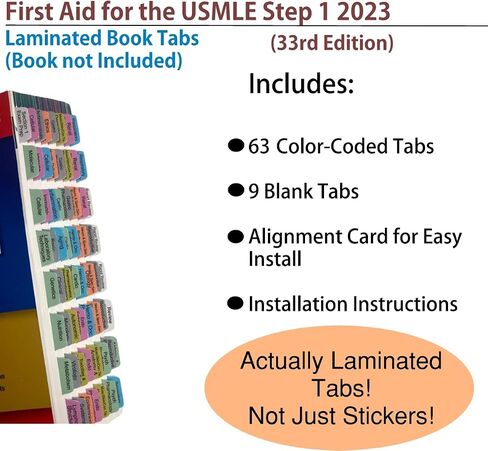 علامات تبويب الكتاب للإسعافات الأولية للخطوة USMLE 1 2023 الإصدار 33. مغلفة ومرمزة بالألوان وقابلة لتغيير موضعها مع بطاقة محاذاة لسهولة التركيب (الكتاب غير متضمن) in Kuwait