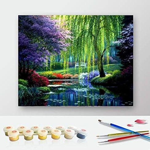 الطلاء بالأرقام للبالغين، لوحة رسم DIY مع 4 فرش طلاء ودهانات أكريليك، ديكور هدايا قماش ملفوف مقاس 40.64 سم × 50.8 سم، منظر طبيعي للربيع في الحديقة in Kuwait