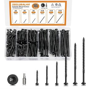 195 Pcs Deck Screws kit, #8#10 Wood Screws Assortment Kit, Rust Resistant epoxy Coated,Star Drive,Heavy-Duty Exterior (1-1/4",1-5/8",2",2-1/2",3",3"-1/2"),T25 Star Bit（Yellow） in Kuwait