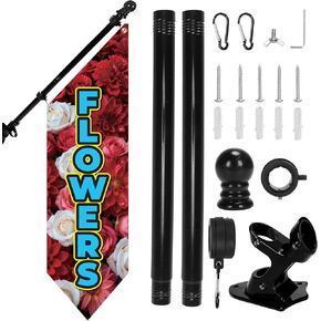 Farm Stand Flowers Flag with Pole Kit – 42x12in Double Sided Heavy-Duty Canvas Outdoor Banner for Flower Market Stand, Shop Sign, Commercial Stall Decor(Yellow) in Kuwait