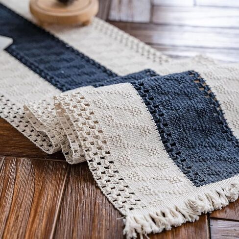 1PC Boho Farmhouse Table Runner with Tassels - Handwoven Macrame Table Decor for Dining Room, Coffee Table, Wedding （11.8*47inches，Dark Blue） in Saudi Arabia