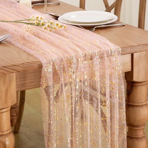 P Pothuiny 2 Pcs Light Pink Table Runner 28 x 120 Inch, Glitter Metallic Foil Tulle Table Runner Party Golden Sheer Gauze Table Decor for Wedding Birthday Christmas Anniversary in Saudi Arabia