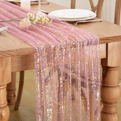 P Pothuiny 2 Pcs Light Pink Table Runner 28 x 120 Inch, Glitter Metallic Foil Tulle Table Runner Party Golden Sheer Gauze Table Decor for Wedding Birthday Christmas Anniversary in Saudi Arabia