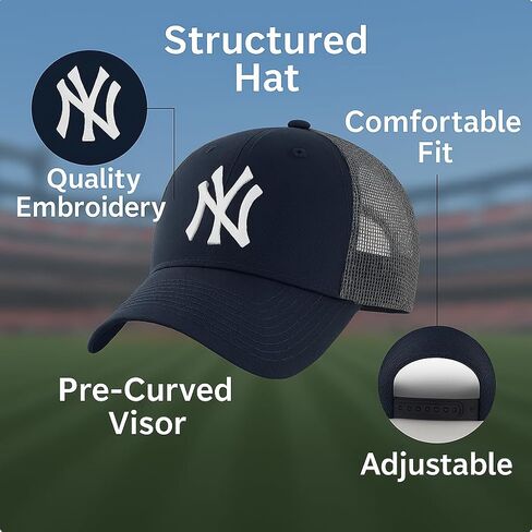 قبعة بيسبول MVP شبكية من New York Navy Mesh مرخصة رسميًا، كلاسيكية قابلة للتعديل ومطرزة أساسية بشعار الفريق NY أزرق/أبيض، قبعة رياضية بإطار Snapback in Kuwait
