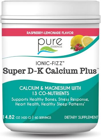 Ionic Fizz Super D-K Calcium Plus من Pure Essence - مع مغنيسيوم إضافي وفيتامين D3 وفيتامين K2 للعظام القوية ودعم الإجهاد - عصير ليمون التوت - 14.82 أونصة in Kuwait