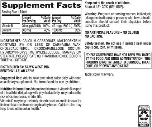 Members Mark Calcium with Vitamin D3 Tablets, 600 ct. - Supports Bone & Muscle Health - High Potency Calcium 1200 mg & Vitamin D3 40 mcg in Saudi Arabia