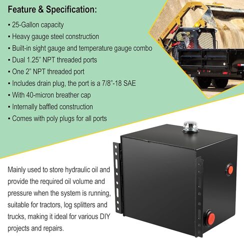 25-Gallon Hydraulic Fluid Reservoir Oil Tank For Tractors, Trucks & Log Splitters, Built-in Sight Gauge/Temp Gauge Combo, 2" Wide Fill Port, Heavy Duty Steel Construction, Side Vertical-Mount in Saudi Arabia