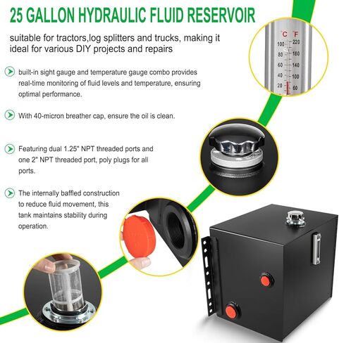 25-Gallon Hydraulic Fluid Reservoir Oil Tank For Tractors, Trucks & Log Splitters, Built-in Sight Gauge/Temp Gauge Combo, 2" Wide Fill Port, Heavy Duty Steel Construction, Side Vertical-Mount in Saudi Arabia