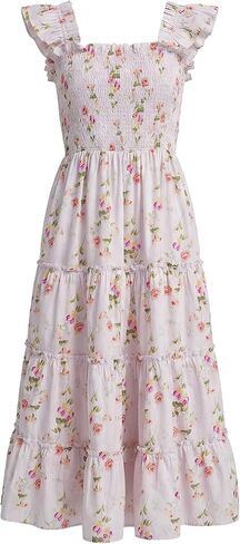 Ladyful Women's Smocked Midi Dress Floral Square Neck Summer Boho Ruffle Beach Sundress A Line Flowy Dresses in Saudi Arabia