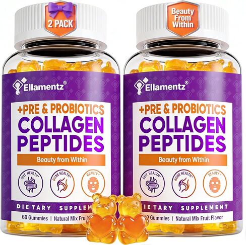 علكات الكولاجين للنساء خالية من السكر - ببتيدات الكولاجين البحري المتحللة مع البريبايوتكس والبروبيوتيك، النياسيناميد، حمض الهيالورونيك، مكمل فيتامين C للشعر والأظافر وصحة الأمعاء، 120 قطعة in Kuwait