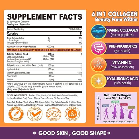 علكات الكولاجين للنساء خالية من السكر - ببتيدات الكولاجين البحري المتحللة مع البريبايوتكس والبروبيوتيك، النياسيناميد، حمض الهيالورونيك، مكمل فيتامين C للشعر والأظافر وصحة الأمعاء، 120 قطعة in Kuwait