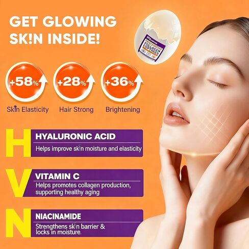 علكات الكولاجين للنساء خالية من السكر - ببتيدات الكولاجين البحري المتحللة مع البريبايوتكس والبروبيوتيك، النياسيناميد، حمض الهيالورونيك، مكمل فيتامين C للشعر والأظافر وصحة الأمعاء، 120 قطعة in Kuwait