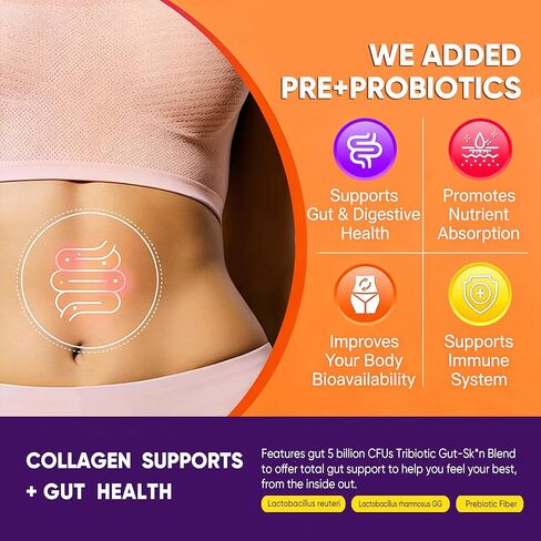 علكات الكولاجين للنساء خالية من السكر - ببتيدات الكولاجين البحري المتحللة مع البريبايوتكس والبروبيوتيك، النياسيناميد، حمض الهيالورونيك، مكمل فيتامين C للشعر والأظافر وصحة الأمعاء، 120 قطعة in Kuwait