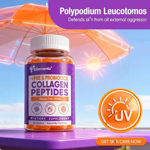 علكات الكولاجين للنساء خالية من السكر - ببتيدات الكولاجين البحري المتحللة مع البريبايوتكس والبروبيوتيك، النياسيناميد، حمض الهيالورونيك، مكمل فيتامين C للشعر والأظافر وصحة الأمعاء، 120 قطعة in Kuwait