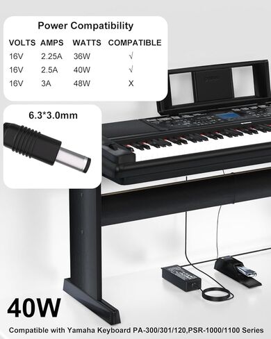 محول طاقة تيار متردد/تيار مستمر 16 فولت متوافق مع سلك طاقة لوحة مفاتيح Yamaha PA-300 PA-301 PA-300B PA-300C S950 PSR-1000 PSR-2000 P-155 PSR-S900 PSR-S750 PSR-S670 PSR-S500 إمداد سلك طاقة البيانو للوحة المفاتيح in Saudi Arabia