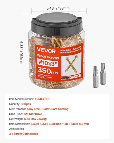 براغي خشب VEVOR 350 قطعة، #10 × 3 بوصة مطلية مضادة للصدأ، برغي سطح خارجي Torx/T25 Star Drive، براغي تزيين خارجية معدنية مقاومة للصدأ مع موصلين لولبيين، لتأطير سياج التزيين in Saudi Arabia
