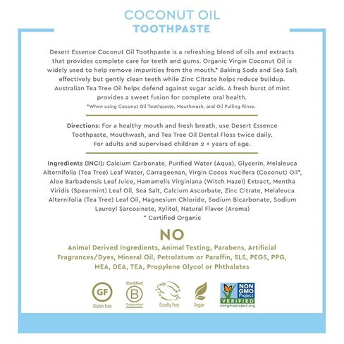 Desert Essence Tea Tree Oil Toothpaste - Coconut Mint - 6.25 Oz - Refreshing Taste - Complete Oral Care - Baking Soda - Sea Salt - Pure Essential Oil - Fights Against Sugar Acids - Zinc Citrate in Saudi Arabia