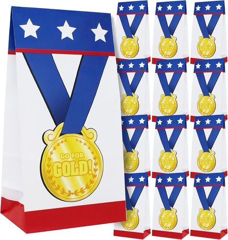 Award Medal Goodie Bags - Gold Medal Olympic Party Bag - 12 pk Winning Prize Sports Gift Bag - Trophy Treat Bag for Cheerleading Teacher Student Reward Olympics Birthday Olympic Party Decoration in Saudi Arabia