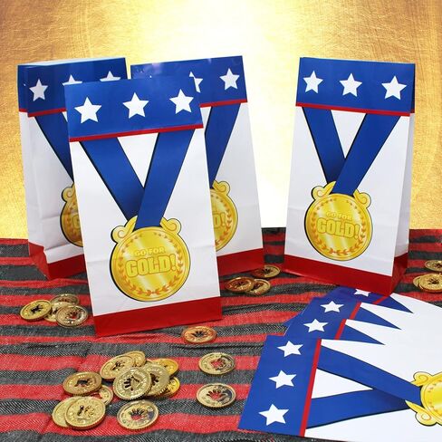 Award Medal Goodie Bags - Gold Medal Olympic Party Bag - 12 pk Winning Prize Sports Gift Bag - Trophy Treat Bag for Cheerleading Teacher Student Reward Olympics Birthday Olympic Party Decoration in Saudi Arabia