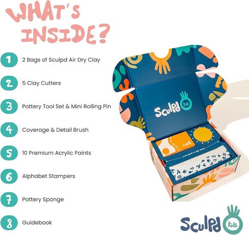 Sculpd - مجموعة الفخار الأصلية للأطفال، مجموعة أدوات الطين الجاف بالهواء للأطفال من سن 4 إلى 6 سنوات، الطين الجاف بالهواء مع مجموعة طلاء من 5 ألوان، فرش طلاء، أدوات فخار، إسفنجة ودليل خطوة بخطوة in Kuwait