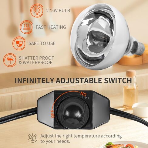 DUEBEL 275W مصباح تسخين الطعام التجاري، حامل مصباح تسخين معقوفة قابل للتعديل 360 درجة، محمول ومستقر للحفاظ على الطعام دافئًا في البوفيهات، والوجبات السريعة، والشواء، والمطبخ المنزلي، والفناء in Kuwait