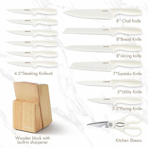 CAROTE 15Piece Knife Set, Kitchen Knife Block Set, Elegant White Ceramic-Coated Blades with Stylish Wooden Block for Modern Culinary Excellence in Saudi Arabia