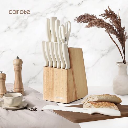 CAROTE 15Piece Knife Set, Kitchen Knife Block Set, Elegant White Ceramic-Coated Blades with Stylish Wooden Block for Modern Culinary Excellence in Saudi Arabia