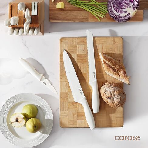 CAROTE 15Piece Knife Set, Kitchen Knife Block Set, Elegant White Ceramic-Coated Blades with Stylish Wooden Block for Modern Culinary Excellence in Saudi Arabia