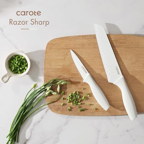 CAROTE 15Piece Knife Set, Kitchen Knife Block Set, Elegant White Ceramic-Coated Blades with Stylish Wooden Block for Modern Culinary Excellence in Saudi Arabia