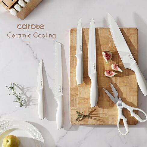 CAROTE 15Piece Knife Set, Kitchen Knife Block Set, Elegant White Ceramic-Coated Blades with Stylish Wooden Block for Modern Culinary Excellence in Saudi Arabia