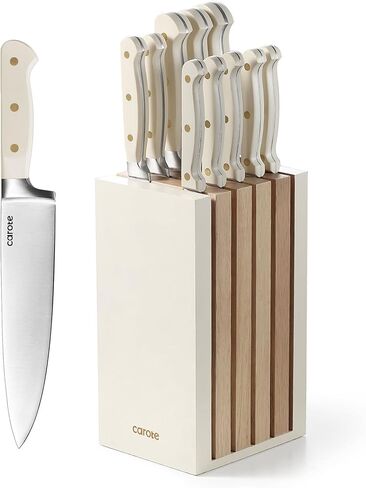 CAROTE 15Piece Knife Set, Kitchen Knife Block Set, Elegant White Ceramic-Coated Blades with Stylish Wooden Block for Modern Culinary Excellence in Saudi Arabia