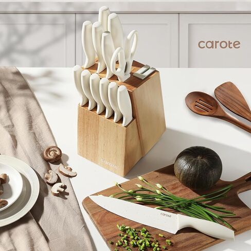 CAROTE 15Piece Knife Set, Kitchen Knife Block Set, Elegant White Ceramic-Coated Blades with Stylish Wooden Block for Modern Culinary Excellence in Saudi Arabia