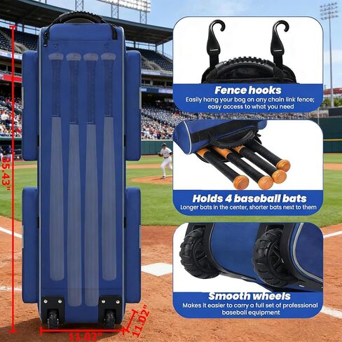 70L Catchers Gear Bag with Wheels, Soft Rolling Baseball & Softball Bag for 4 Bats, Multi-Pockets, Shoe Compartment, Fence Hook, Portable Equipment Bags for Youth & Adult in Kuwait