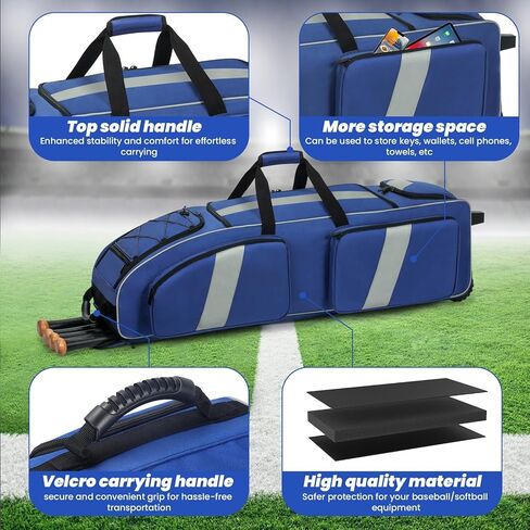 70L Catchers Gear Bag with Wheels, Soft Rolling Baseball & Softball Bag for 4 Bats, Multi-Pockets, Shoe Compartment, Fence Hook, Portable Equipment Bags for Youth & Adult in Kuwait