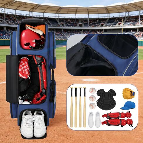 70L Catchers Gear Bag with Wheels, Soft Rolling Baseball & Softball Bag for 4 Bats, Multi-Pockets, Shoe Compartment, Fence Hook, Portable Equipment Bags for Youth & Adult in Kuwait