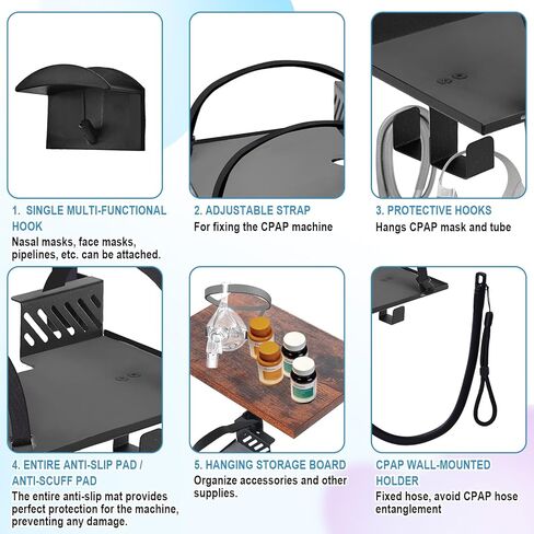 CPAP Shelf Wall Mount, 2-Tier Organizer with Adjustable CPAP Hose Holder & Mask Hook & Bottom Hooks, CPAP Hose Holder Bedside CPAP Stand Organizer fit for ResMed AirSense 10 & 11, Easy Installation in Saudi Arabia