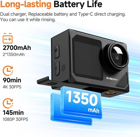 SVBONY SVGo2 4K30FPS Underwater Camera, EIS 2.0 Dual Touch-Screen Waterproof Camera Underwater, 50MP 5X Zoom, 2 Batteries, Remote Action Camera with Floating Selfie Stick, Neck Mount Bundle in Saudi Arabia