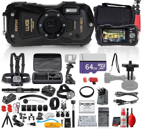 كاميرا Ricoh Pentax WG-90 مقاومة للماء والصدمات والغبار والتجمد، كاميرا رقمية قوية (أسود) + مجموعة ملحقات عمل 50 في 1 + بطاقة ذاكرة سعة 64 جيجابايت + حقيبة كاميرا + حامل ثلاثي القوائم مرن + طقم تنظيف + المزيد in Saudi Arabia