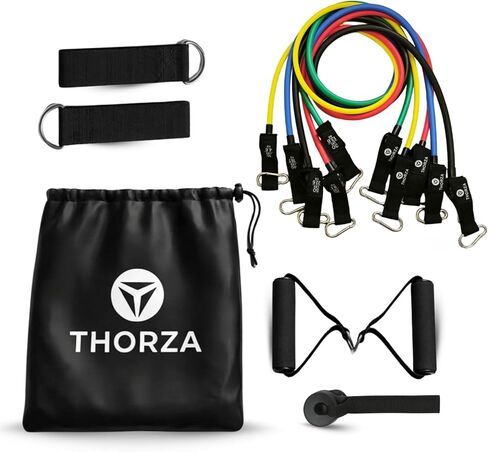 مجموعة ثورزا المكونة من 11 قطعة لتدريب قوة الجسم بالكامل مع أشرطة المقاومة - 5 مستويات من أشرطة التمرين الأنبوبية، بدون شريط مقاومة من اللاتكس TPE - مرساة الباب والمقابض وأشرطة الكاحل وحقيبة واحدة in Kuwait