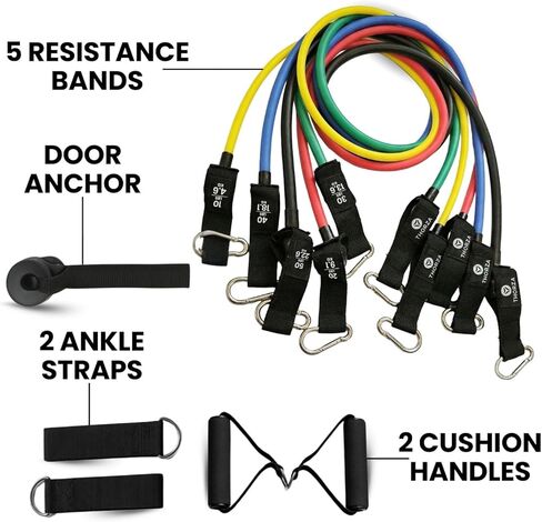 مجموعة ثورزا المكونة من 11 قطعة لتدريب قوة الجسم بالكامل مع أشرطة المقاومة - 5 مستويات من أشرطة التمرين الأنبوبية، بدون شريط مقاومة من اللاتكس TPE - مرساة الباب والمقابض وأشرطة الكاحل وحقيبة واحدة in Kuwait
