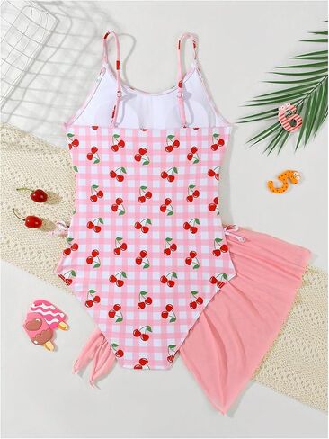SHENHE Girl's One Piece Swimsuit Gingham Cherry Print Cute Bathing Suit with Mesh Sarong Cover Up in Saudi Arabia