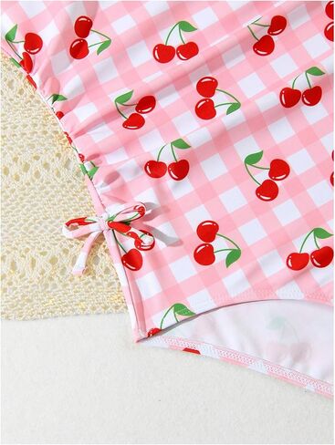 SHENHE Girl's One Piece Swimsuit Gingham Cherry Print Cute Bathing Suit with Mesh Sarong Cover Up in Saudi Arabia