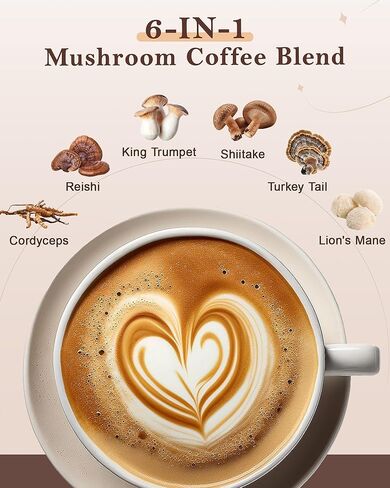 Mushroom Coffee, 6-in-1 Adaptogenic Instant Mushroom Coffee with Cordyceps, Reishi, King Trumpet, Shiitake, Turkey Tail & Lion’s Mane for Energy, Digestion & Immunity Support | 30 Servings in Kuwait