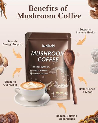 Mushroom Coffee, 6-in-1 Adaptogenic Instant Mushroom Coffee with Cordyceps, Reishi, King Trumpet, Shiitake, Turkey Tail & Lion’s Mane for Energy, Digestion & Immunity Support | 30 Servings in Kuwait