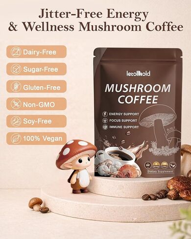 Mushroom Coffee, 6-in-1 Adaptogenic Instant Mushroom Coffee with Cordyceps, Reishi, King Trumpet, Shiitake, Turkey Tail & Lion’s Mane for Energy, Digestion & Immunity Support | 30 Servings in Kuwait