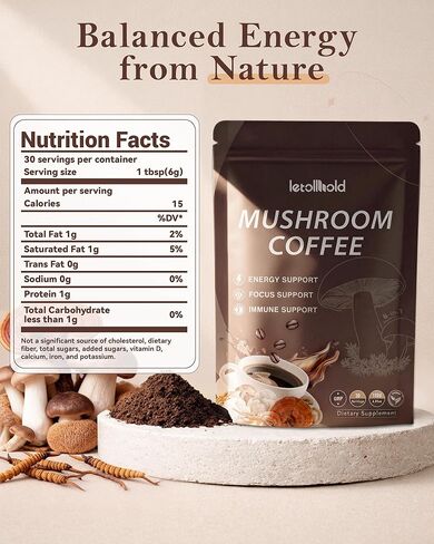 Mushroom Coffee, 6-in-1 Adaptogenic Instant Mushroom Coffee with Cordyceps, Reishi, King Trumpet, Shiitake, Turkey Tail & Lion’s Mane for Energy, Digestion & Immunity Support | 30 Servings in Kuwait