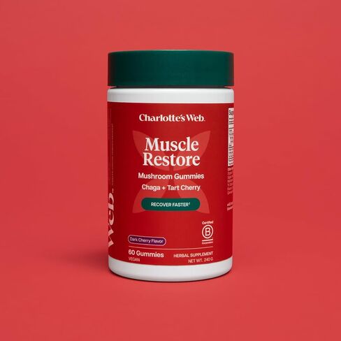 علكة الفطر لاستعادة العضلات من شارلوت للبالغين - مكمل تشاجا وتارت الكرز لاستعادة العضلات والتعب - نباتي، كوشير، غير معدّل وراثيًا (نكهة الكرز الداكن، 30 حصة) in Kuwait